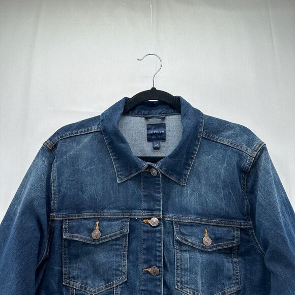 Just USA Jacket Womens Sz 2X Denim Trucker Jean Button Front Cotton Blend Blue - Picture 3 of 11